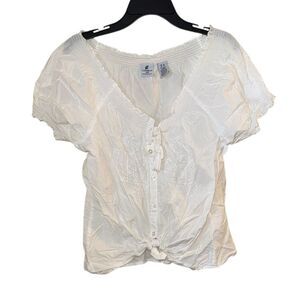 Caribbean Joe White Sheer Embroidered Blouse Top Button Front Tie Neck Detail
